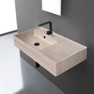 Beige Travertine Design Ceramic Wall Mounted or Vessel Sink With Counter Space Scarabeo 5115-E